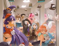 Rule 34 | 6+girls, :d, :o, alternate breast size, ass, black dress, black panties, blonde hair, blue hair, blue hoodie, breasts, brown hair, capelet, cleavage, cosmetics, cosplay, costume switch, death-sensei (mori calliope), dress, feather hair ornament, feathers, friend (nanashi mumei), gawr gura, gawr gura (1st costume), gawr gura (cosplay), greatodoggo, hair ornament, hand on own hip, hat, highres, holding, holding lipstick tube, hololive, hololive english, holomyth, hood, hood up, hooded capelet, hoodie, indoors, large breasts, lipstick tube, long hair, long sleeves, looking at another, medium breasts, midriff, mirror, mole, mole under eye, mori calliope, mori calliope (new year), multicolored hair, multiple girls, nanashi mumei, nanashi mumei (1st costume), nanashi mumei (cosplay), ninomae ina&#039;nis, ninomae ina&#039;nis (1st costume), ninomae ina&#039;nis (cosplay), open mouth, orange hair, orange shirt, panties, panty pull, pink hair, ponytail, pulled by self, purple eyes, purple hair, reflection, shirt, short hair, smile, streaked hair, takanashi kiara, takanashi kiara (1st costume), takanashi kiara (cosplay), takodachi (ninomae ina&#039;nis), tentacles, thighhighs, underwear, very long hair, virtual youtuber, watson amelia, watson amelia (1st costume), white hair, white thighhighs