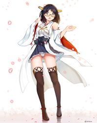 Rule 34 | 10s, 1girl, :o, anti (0324), black hair, blush, bow, brown thighhighs, glasses, hairband, highres, japanese clothes, kantai collection, kirishima (kancolle), legs, looking at viewer, nontraditional miko, open mouth, panties, petals, ribbon-trimmed sleeves, ribbon trim, short hair, skirt, solo, thighhighs, twitter username, underwear, white panties
