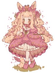 Rule 34 | 1girl, adoptable, animal ears, artist name, blonde hair, blunt bangs, blunt ends, blush, blush stickers, boots, bow, bowtie, chibi, clothes lift, collar, collared dress, commentary, cross-laced footwear, crossed legs, crown, dress, dress lift, english commentary, eyelashes, floral print, flower, flower dress, footwear bow, frilled collar, frilled dress, frilled footwear, frills, gem, green bow, green eyes, green gemstone, green ribbon, hair bow, hair flower, hair ornament, hair ribbon, heart, highres, holding, holding animal, holding flower, holding rabbit, lavender (flower), layered dress, lifting own clothes, littlebluemuffin, long hair, looking at viewer, mini crown, original, painttool sai (medium), parted lips, petals, pink bow, pink bowtie, pink dress, pink flower, pink footwear, princess, purple flower, rabbit, rabbit ears, ribbon, short dress, short sleeves, sidelocks, smile, solid circle eyes, thick eyebrows, transparent background, waist bow, watermark, white collar, yellow flower