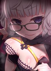 Rule 34 | 1girl, black dress, black jacket, blue eyes, breasts, cleavage, cropped jacket, dress, fate/grand order, fate (series), glasses, grey hair, hood, hooded jacket, ikue fuuji, index finger raised, jacket, jacques de molay (foreigner) (fate), large breasts, long sleeves, looking at viewer, open clothes, open jacket, short dress, short hair, smile, solo, thighs
