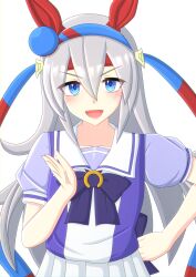 Rule 34 | 1girl, 2-butani, :d, absurdres, animal ears, black bow, blue eyes, blue hairband, blue shirt, bow, bowtie, clenched hands, commentary request, frilled skirt, frills, grey hair, grey tail, hair between eyes, hairband, hand on own hip, hands up, highres, horse ears, horse girl, horse tail, horseshoe ornament, long hair, open mouth, pleated skirt, puffy short sleeves, puffy sleeves, purple shirt, sailor collar, sailor shirt, school uniform, shirt, short sleeves, simple background, skirt, smile, solo, summer uniform, tail, tamamo cross (umamusume), tracen school uniform, umamusume, upper body, v-shaped eyebrows, very long hair, white background, white skirt