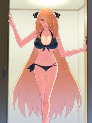 Rule 34 | 1girl, bikini, black bikini, black nails, blonde hair, blush, breasts, cleavage, closed mouth, collarbone, commentary request, creatures (company), cynthia (pokemon), eyelashes, game freak, grey eyes, hair ornament, hair over one eye, highres, indoors, knees, large breasts, long hair, looking at viewer, madoka (user zrnk8278), nail polish, navel, nintendo, pokemon, pokemon dppt, signature, smile, solo, swimsuit, very long hair