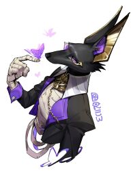 Rule 34 | 1boy, black jacket, bug, butterfly, collared jacket, ddyun 923, dislyte, drew (dislyte), furry, furry male, highres, insect, jackal, jacket, personification, purple butterfly, shirt, signature, simple background, upper body, usekh collar, white background, white shirt