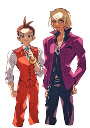 Rule 34 | 2boys, ace attorney, adjusting clothes, adjusting necktie, antenna hair, apollo justice, arm at side, black pants, black shirt, blonde hair, blue eyes, bracelet, breast pocket, brown eyes, brown hair, buttons, chain, chain necklace, closed mouth, collared shirt, cropped legs, earrings, feet out of frame, formal, grgrton, hand on own thigh, hand up, jacket, jewelry, klavier gavin, lapel pin, lapels, legs apart, looking at viewer, male focus, medium hair, midriff peek, multiple boys, necklace, necktie, open collar, pants, parted lips, pocket, purple jacket, red pants, red suit, red vest, shirt, simple background, sleeves rolled up, smile, standing, suit, suit jacket, swept bangs, vest, wallet chain, white background, white shirt