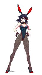 Rule 34 | 10s, 1girl, adapted costume, animal ears, black pantyhose, blue eyes, breasts, cleavage, cuffs, detached collar, fake animal ears, full body, gyosone, hair between eyes, hands on own hips, high heels, kill la kill, leotard, matoi ryuuko, multicolored hair, pantyhose, playboy bunny, rabbit ears, rabbit tail, short hair, simple background, solo, standing, tail, v-shaped eyebrows, white background