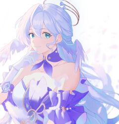 Rule 34 | 1girl, aqua eyes, bare shoulders, bracelet, closed mouth, detached sleeves, dress, earrings, facial mark, falling feathers, feathers, gloves, hair between eyes, halo, hand on own chin, hand up, head wings, highres, honkai: star rail, honkai (series), jewelry, long hair, looking at viewer, purple dress, robin (honkai: star rail), rorolri, short sleeves, smile, solo, two-tone dress, upper body, white dress, white gloves, wings