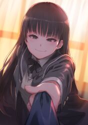 Rule 34 | 1girl, amagami, ayatsuji tsukasa, black bow, black bowtie, black eyes, black hair, black jacket, blazer, blunt bangs, blush, bow, bowtie, commentary request, curtains, jacket, long hair, long sleeves, looking at viewer, neckwear grab, pov, school uniform, shirt, solo focus, sweater vest, tomamatto, upper body, very long hair, window