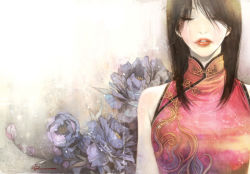 Rule 34 | bare shoulders, black hair, china dress, chinese clothes, dress, closed eyes, flower, lips, lipstick, long hair, maggi, makeup, original, plum blossoms, solo, tears