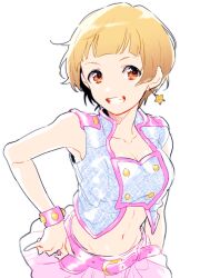 Rule 34 | 1girl, bare shoulders, belt, blonde hair, blue shirt, breasts, brown eyes, cleavage, collarbone, crop top, cropped shirt, dot nose, earrings, fukuda noriko, grin, hand on own hip, idolmaster, idolmaster million live!, idolmaster million live! theater days, jewelry, large breasts, looking at viewer, midriff, million dreams (idolmaster), navel, pink belt, pink bracelet, pink skirt, pink trim, shiman, shirt, short hair, simple background, skirt, sleeveless, sleeveless shirt, smile, solo, star (symbol), star earrings, upper body, white background