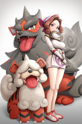 Rule 34 | 1girl, absurdres, bandana, breasts, brown hair, closed mouth, commentary request, creatures (company), evolutionary line, eyelashes, game freak, gloves, gonzarez, highres, hisuian arcanine, hisuian growlithe, knees, large breasts, long legs, looking at viewer, nintendo, own hands together, palina (pokemon), pink bandana, pokemon, pokemon (creature), pokemon legends: arceus, purple eyes, shoes, shorts, simple background, smile, standing, white background, white gloves, white shorts