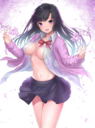 Rule 34 | 1girl, :d, black hair, blunt bangs, blush, bow, bowtie, breasts, cherry blossoms, cleavage, collared shirt, cowboy shot, dress shirt, flower, jacket, long hair, looking at viewer, medium breasts, miniskirt, mizuya nao, navel, no bra, open clothes, open jacket, open mouth, open shirt, original, pink jacket, pleated skirt, purple eyes, purple skirt, red bow, red bowtie, revision, school uniform, shirt, skirt, smile, solo, spring (season), standing, stomach, straight hair, thighs, unbuttoned, unbuttoned shirt, white shirt, wing collar