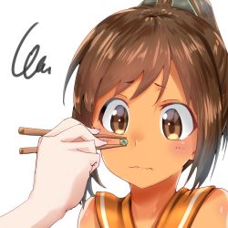 Rule 34 | 10s, 1girl, brown eyes, brown hair, chopsticks, close-up, i-401 (kancolle), kantai collection, out of frame, pea, ponytail, sailor collar, short hair, solo focus, swimsuit, uno ryoku