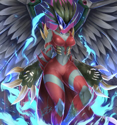 Rule 34 | 1girl, armor, bikini armor, black wings, blue fire, bodysuit, breasts, cape, claws, commentary request, covered eyes, covered navel, dated, duel monster, evil hero inferno wing, eye mask, fire, green hair, grey bodysuit, groin, highres, k.nock, lipstick, long hair, makeup, mask, monster girl, partial commentary, purple background, red armor, red cape, red lips, shoulder spikes, sign, smile, solo, spiked hair, spikes, waist cape, wide hips, wings, yu-gi-oh!