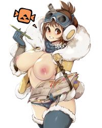 Rule 34 | 1girl, absurdres, blue thighhighs, book, bookmark, breasts, brown hair, cleavage, commentary, fur-trimmed legwear, fur trim, gloves, goggles, grin, handler (monster hunter world), highres, icon (computing), large areolae, large breasts, looking at viewer, micro shorts, midriff, monster hunter, monster hunter: world, monster hunter (series), nipples, pen, red eyes, short hair, shorts, simple background, slugbox, smile, solo, sweat, thighhighs, thighs, white background