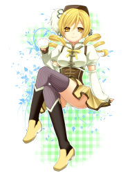 Rule 34 | 10s, 1girl, blonde hair, crossed legs, cup, drill hair, female focus, full body, highres, mahou shoujo madoka magica, mahou shoujo madoka magica (anime), panties, pantyshot, sitting, smile, solo, striped clothes, striped thighhighs, thighhighs, tomoe mami, twin drills, twintails, underwear, vertical-striped clothes, vertical-striped thighhighs, white background, white panties, yayoi (egoistic realism), yellow eyes