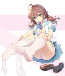 Rule 34 | 1girl, ahoge, blouse, bow, bowtie, unworn bowtie, clothes pull, feet, green eyes, highres, looking at viewer, mouth hold, open clothes, open shirt, original, panties, pantyhose, pantyhose pull, school uniform, serafuku, shenhai (2556146833), shirt, shoes, unworn shoes, solo, toes, underwear, uniform, white pantyhose