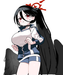 Rule 34 | 1girl, black hair, black wings, blue archive, blue jacket, blue shorts, blush, breasts, closed mouth, feathered wings, gym uniform, hair between eyes, halo, hasumi (blue archive), hasumi (track) (blue archive), jacket, kokaki mumose, large breasts, long hair, long sleeves, low wings, open clothes, open jacket, ponytail, red eyes, shirt, short shorts, shorts, simple background, solo, sweat, very long hair, wavy mouth, white background, white shirt, wings