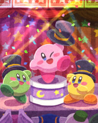 Rule 34 | black headwear, blue eyes, blush stickers, character request, copy ability, curtains, green footwear, hat, highres, holding, holding clothes, holding hat, kirby, kirby&#039;s return to dream land deluxe, kirby (series), looking at viewer, magic kirby, miclot, nintendo, no humans, one eye closed, open mouth, orange footwear, pink footwear, shoes, smile, spotlight, stage, stage lights, top hat, white wings, wings