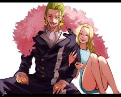 Rule 34 | 1boy, 1girl, arm hug, ascot, black pants, blonde hair, blue dress, collarbone, couple, dress, earrings, feather boa, gild tesoro, gold ring, hetero, highres, jewelry, mirin (coene65), one piece, one piece film: gold, open mouth, pants, signature, simple background, sitting, star (symbol), star earrings, stella (one piece), teeth, upper teeth only, white ascot, white background