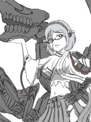 Rule 34 | 10s, 1girl, abyssal ship, bare shoulders, breasts, broken glass, cyborg, dark persona, detached sleeves, glass, glasses, hairband, highres, japanese clothes, kantai collection, kirishima (kancolle), monochrome, ogawa-syou, ogawa shou, personification, short hair, sketch, skirt, solo, torn clothes, white background