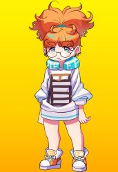 Rule 34 | 1girl, blush, commentary request, ear piercing, earrings, glasses, gradient background, jewelry, long hair, long sleeves, multiple earrings, orange background, orange footwear, orange hair, original, piercing, print shirt, shadow, shirt, shoes, sinohira rin, solo, virtual youtuber, white shirt, yellow background