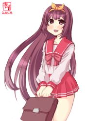 Rule 34 | 1girl, artist logo, bag, commentary request, cosplay, cowboy shot, dated, hairband, highres, kamigishi akari, kamigishi akari (cosplay), kamikaze (kancolle), kanon (kurogane knights), kantai collection, long hair, purple eyes, purple hair, red sailor collar, red skirt, sailor collar, school bag, school uniform, serafuku, simple background, skirt, solo, standing, to heart, to heart (series), white background, yellow hairband