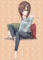 Rule 34 | 1girl, alternate costume, barefoot, brown eyes, brown hair, denim, full body, grey pants, grey sweater, hair ornament, hairclip, highres, invisible chair, jeans, kantai collection, looking at viewer, minosu, off-shoulder sweater, off shoulder, orange background, pants, pillow, short hair, short hair with long locks, sitting, solo, sweater, taihou (kancolle)