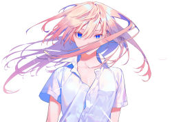 Rule 34 | 1girl, blonde hair, blue eyes, breast pocket, collared shirt, covered mouth, hair between eyes, hair over mouth, original, pocket, popped collar, shirt, short sleeves, simple background, solo, upper body, white background, white shirt, wing collar, yamakawa