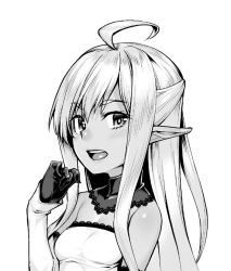 Rule 34 | 1girl, :d, ahoge, bare shoulders, blush, detached collar, dress, elf, gloves, greyscale, h kasei, hand up, long hair, long sleeves, looking at viewer, monochrome, open mouth, original, pointy ears, simple background, sleeves past wrists, smile, solo, upper body, white background