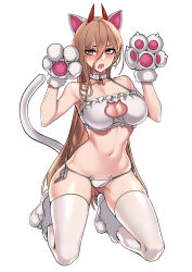 Rule 34 | 1girl, absurdres, animal ears, animal hands, bra, breasts, brown hair, cat cutout, cat ear panties, cat ears, cat lingerie, cat tail, chainsaw man, cleavage, cleavage cutout, clothing cutout, coat, commentary request, cross-shaped pupils, demon horns, dogs (dlrkdejr26), frilled bra, frills, full body, gloves, hair between eyes, halterneck, highres, horns, kneeling, korean commentary, large breasts, lock, long hair, looking at viewer, meme attire, mixed-language commentary, navel, orange eyes, padlock, padlocked collar, panties, paw gloves, paw pose, paw shoes, power (chainsaw man), red horns, sharp teeth, side-tie panties, simple background, solo, string panties, symbol-shaped pupils, tail, teeth, thighhighs, underwear, underwear only, very long hair, white background, white bra, white coat, white footwear, white gloves, white panties, white thighhighs