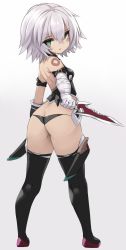 Rule 34 | 1girl, :o, ass, bandaged arm, bandages, bare shoulders, black panties, black thighhighs, breasts, butt crack, fate/apocrypha, fate/grand order, fate (series), from behind, full body, green eyes, hair between eyes, highres, holding, holding knife, jack the ripper (fate/apocrypha), karukan (monjya), knife, looking at viewer, looking back, open mouth, panties, red footwear, scar, shoes, shoulder tattoo, small breasts, solo, tattoo, thighhighs, underwear, weapon