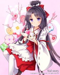 Rule 34 | 1girl, apron, black hair, blush, bow, branch, cherry blossoms, clog sandals, copyright name, hair bow, hair ribbon, heart, high ponytail, japanese clothes, long hair, looking at viewer, miko, mirror, nyanya, official art, okobo, pantyhose, parted bangs, purple eyes, ribbon, sandals, sid story, sidelocks, smile, solo, tress ribbon, valentine, valentine himiko, very long hair, white pantyhose