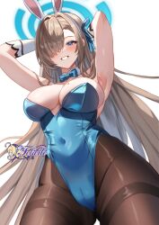 Rule 34 | 1girl, absurdly long hair, animal ears, aqua leotard, armpits, asuna (blue archive), asuna (bunny) (blue archive), asymmetrical bangs, bare shoulders, blue archive, blue bow, blue bowtie, blue eyes, blue leotard, blue ribbon, bow, bowtie, breasts, brown pantyhose, cleavage, commentary, covered navel, detached collar, fake animal ears, felielle, from below, gloves, grin, hair over one eye, hair ribbon, halo, highleg, highleg leotard, large breasts, leotard, light brown hair, long hair, mole, mole on breast, official alternate costume, pantyhose, playboy bunny, rabbit ears, ribbon, smile, solo, strapless, strapless leotard, thighband pantyhose, traditional bowtie, very long hair, white gloves
