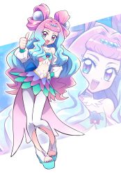 Rule 34 | 1girl, :d, blue eyes, blue hair, blue nails, crop top, cure la mer, detached collar, detached sleeves, double bun, eyelashes, fingernails, full body, hair bun, hair intakes, hair ornament, hand on own hip, heart, heart in eye, highres, laura (precure), layered skirt, leggings, legs together, long hair, looking at viewer, magical girl, midriff, multicolored eyes, multicolored hair, nail polish, navel, open mouth, pantyhose, precure, purple eyes, purple hair, purple nails, skirt, smile, solo, standing, symbol in eye, thigh gap, thumbs up, toeless legwear, toenails, tropical-rouge! precure, two-tone hair, usoco, white leggings, white pantyhose, white sleeves, zoom layer