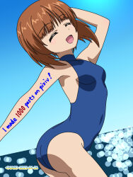 Rule 34 | 1girl, arched back, arm up, artist name, ass, blue sky, breasts, brown hair, celebration, clear sky, closed eyes, commentary, covered navel, dated, day, dutch angle, english text, from side, girls und panzer, hand in own hair, highres, horizon, leaning forward, medium breasts, naotosi, nishizumi miho, ocean, open mouth, outdoors, short hair, sky, smile, solo, standing