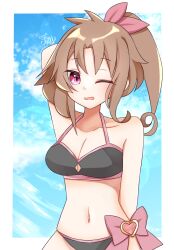 Rule 34 | 100 percent orange juice, 1girl, arm up, bikini, black bikini, blue sky, border, bow, breasts, brown hair, cleavage, cloud, cloudy sky, collarbone, commentary request, hair ribbon, highres, navel, open mouth, pink bow, pink ribbon, ponytail, red eyes, ribbon, sky, solo, stomach, swimsuit, tomomo (orange juice), u amy1207, upper body, white border