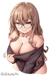 Rule 34 | 1girl, bare shoulders, black-framed eyewear, blush, breasts, brown hair, cleavage, cleavage reach, closed mouth, clothes pull, collarbone, commentary request, cropped arms, cropped legs, dress, ebifurya, glasses, green eyes, highres, large breasts, light brown hair, long hair, long sleeves, looking at viewer, mole, mole on breast, no bra, off shoulder, original, pink lips, pulling own clothes, ribbed sweater, simple background, smile, smug, solo, sweater, sweater dress, twitter username, wavy hair, white background