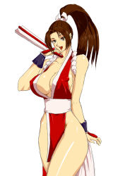 Rule 34 | 1girl, breasts, brown hair, hand fan, fatal fury, highres, large breasts, no bra, no panties, ponytail, shiranui mai, smile, solo, tagme