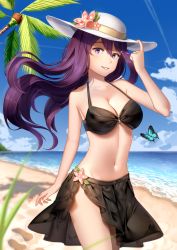 Rule 34 | 1girl, beach, bikini, black bikini, blue sky, breasts, bug, butterfly, cloud, collarbone, commentary, contrail, day, doki doki literature club, english commentary, flower, hair ornament, hairclip, hand on headwear, hat, hat flower, highres, insect, long hair, looking at viewer, medium breasts, navel, o-ring, o-ring top, palm tree, parted lips, purple eyes, purple hair, sand, sarong, sasoura, sky, smile, solo, swimsuit, tree, water, yuri (doki doki literature club)