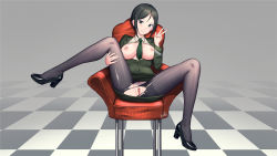 Rule 34 | 1girl, black hair, black pantyhose, blush, breasts, breasts out, chair, chouno ami, closed mouth, full body, girls und panzer, green eyes, green necktie, green skirt, high heels, highres, large breasts, looking at viewer, military, military uniform, miniskirt, necktie, nipples, no bra, no panties, on chair, open clothes, pantyhose, pussy, see-through, short hair, sitting, skirt, smile, solo, spread legs, torn clothes, torn pantyhose, uncensored, uniform, v, xiaoxi0619