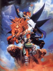 Rule 34 | 1990s (style), 2boys, 2girls, absurdres, animal ears, armor, armored dress, armpits, beard, beret, brown hair, capcom, cat ears, dai-chan, detached sleeves, facial hair, furry, furry male, greaves, hat, highres, leo (warzard), lion, mane, mask, monster boy, mukuro, multiple boys, multiple girls, muscular, ninja, official art, oil painting (medium), painting (medium), red hair, retro artstyle, scan, snout, spikes, standing, standing on one leg, sword, tabasa, tao (warzard), traditional media, warzard, weapon, witch, witch hat