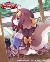 Rule 34 | 1girl, ass, blue eyes, brown hair, dangan, dog, female focus, furry, furry female, japanese clothes, long hair, nature, outdoors, plant, sky, solo
