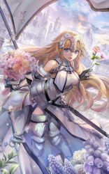 Rule 34 | 1girl, :d, architecture, armor, armored boots, armored dress, blonde hair, blue eyes, boots, bouquet, breasts, building, chain, cloud, commentary request, day, fate/apocrypha, fate/grand order, fate (series), flag, flagpole, flower, flower request, fur trim, gauntlets, headpiece, highres, holding, holding bouquet, holding flower, jeanne d&#039;arc (fate), jeanne d&#039;arc (ruler) (fate), jeanne d&#039;arc (third ascension) (fate), leaning forward, lily (flower), long hair, looking at viewer, medium breasts, mountain, open mouth, outdoors, pink flower, pink rose, revision, rose, scenery, sheath, sky, smile, solo, sword, torino aqua, weapon, white flower, white rose