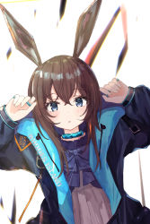 Rule 34 | 1girl, amiya (arknights), animal ears, arknights, bad id, bad pixiv id, black coat, blue eyes, brown hair, coat, collar, commentary request, hair between eyes, highres, jewelry, long hair, long sleeves, looking at viewer, parted lips, rabbit ears, rabbit pose, ring, sateto (user knrf2332), sidelocks, simple background, solo, white background