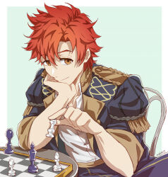 Rule 34 | 1boy, board game, chair, chess, chess piece, chessboard, commentary request, elbow on table, fire emblem, fire emblem: three houses, garreg mach monastery uniform, head on hand, holding chess piece, looking at viewer, male focus, mojakkoro, nintendo, orange eyes, orange hair, sitting, smile, solo, sylvain jose gautier, upper body