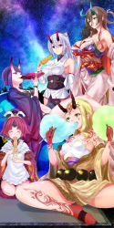 Rule 34 | 5girls, armpits, bare shoulders, barefoot, benienma (fate), black bra, black nails, blonde hair, bra, breasts, brown eyes, brown hair, chest tattoo, closed eyes, collarbone, commentary request, corn, cotton candy, cup, detached sleeves, drinking, eating, facial tattoo, fang, fate/grand order, fate (series), food, hair between eyes, hat, highres, holding, holding food, horns, ibaraki douji (fate), japanese clothes, kijo kouyou (fate), kijo kouyou (third ascension) (fate), kimono, large breasts, long hair, looking at viewer, maho (yakimorokoshi), multiple girls, nail polish, noodles, off shoulder, oni, purple eyes, purple hair, purple kimono, red eyes, sakazuki, short hair, shuten douji (fate), silver hair, single detached sleeve, skin-covered horns, sky, small breasts, star (sky), starry sky, tattoo, tomoe gozen (fate), underwear, white kimono, yellow eyes