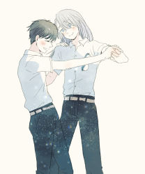 Rule 34 | 2boys, ^ ^, aged down, backlighting, bad id, bad pixiv id, beige background, belt, bishounen, black hair, black pants, blue-framed eyewear, blue eyes, buttons, closed eyes, closed mouth, collared shirt, colored eyelashes, dancing, dress shirt, eyelashes, eyes visible through hair, unworn eyewear, facing away, facing viewer, feet out of frame, fingernails, floating hair, from side, glasses, grey belt, hair over one eye, hand on another&#039;s hip, hand on another&#039;s shoulder, happy, head tilt, holding hands, ima (minitomato123), katsuki yuuri, laughing, legs apart, lens flare, light blush, light particles, long hair, looking at another, male focus, multiple boys, no eyewear, over-rim eyewear, pants, profile, school uniform, semi-rimless eyewear, sepia, shirt, shirt tucked in, short sleeves, silver hair, simple background, smile, standing, straight hair, tareme, time paradox, uniform, viktor nikiforov, white shirt, yaoi, yuri!!! on ice