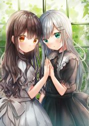 Rule 34 | 2girls, absurdres, black dress, blush, brown eyes, brown hair, closed mouth, commentary request, cowboy shot, day, dress, green eyes, grey dress, hair between eyes, hair ornament, hairclip, hand up, heads together, highres, holding hands, huge filesize, indoors, kohaku muro, looking at viewer, looking to the side, multiple girls, original, palms together, parted lips, plant, polar opposites, polka dot, polka dot dress, puffy short sleeves, puffy sleeves, short sleeves, silver hair, wavy hair, window