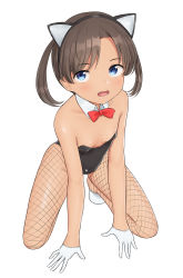 Rule 34 | 1girl, absurdres, black hair, black leotard, blue eyes, bow, bowtie, commentary request, detached collar, downblouse, fishnet pantyhose, fishnets, flat chest, full body, gloves, half gloves, highres, kittysuit, leotard, looking at viewer, nontraditional playboy bunny, open mouth, original, pantyhose, sc naru, short hair, simple background, solo, squatting, strapless, strapless leotard, twintails, white background, white gloves