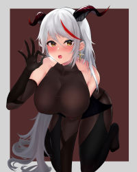 Rule 34 | 1girl, absurdly long hair, absurdres, aegir (azur lane), all fours, azur lane, black gloves, black legwear, blush, bodystocking, breasts, brown background, covered erect nipples, cross, cross earrings, demon horns, earrings, elbow gloves, fellatio gesture, gloves, highres, horns, jewelry, lao yuan zhang, large breasts, long hair, looking at viewer, multicolored hair, red hair, simple background, solo, streaked hair, taut clothes, two-tone hair, very long hair, white hair, yellow eyes